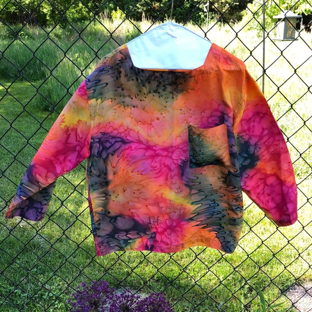 S/M 100% Silk Tie-Dye 3/4 Sleeve Shirt Top Rainbow Splash Pattern